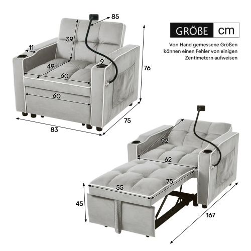 Fauteuil Convertible 3 En 1- avec Porte - gobelets Et Support Pour Téléphone - gris