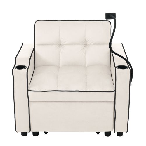 Canapé-lit Extensible 3 En 1-fauteuil Convertib-avec Porte-gobelets Et Support Pour Téléphone-beige