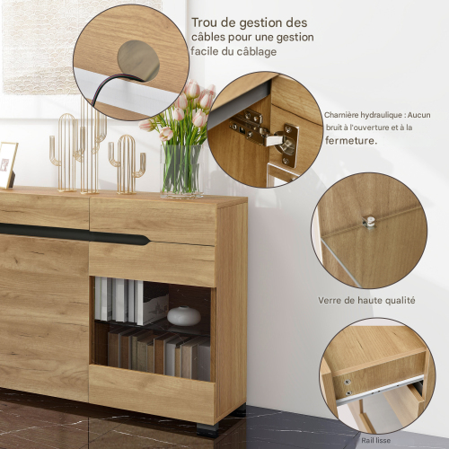 Buffet à LED-buffet Bas 3 Portes Et 3 Tiroirs-140*35*80 Cm-naturel