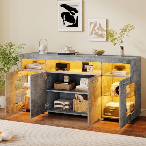 Buffet LED 140*40*70 Cm-meuble D'appoint En Verre Trempé-à 3 Compartiments-gris