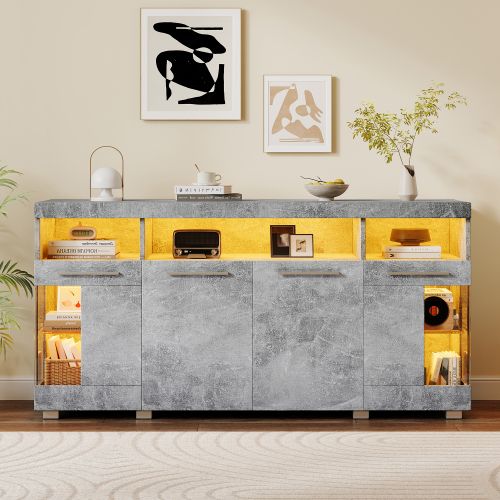 Buffet LED 140*40*70 Cm-meuble D'appoint En Verre Trempé-à 3 Compartiments-gris