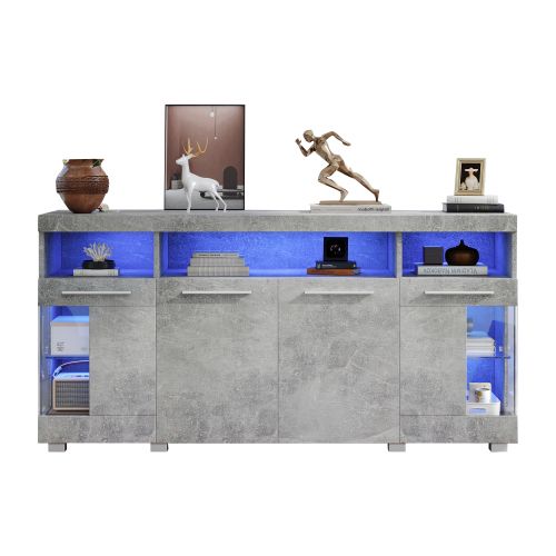 Buffet LED 140*40*70 Cm-meuble D'appoint En Verre Trempé-à 3 Compartiments-gris