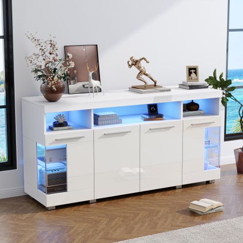 Buffet LED 140*40*70 Cm-meuble D'appoint En Verre Trempé-à 3 Compartiments-blanc