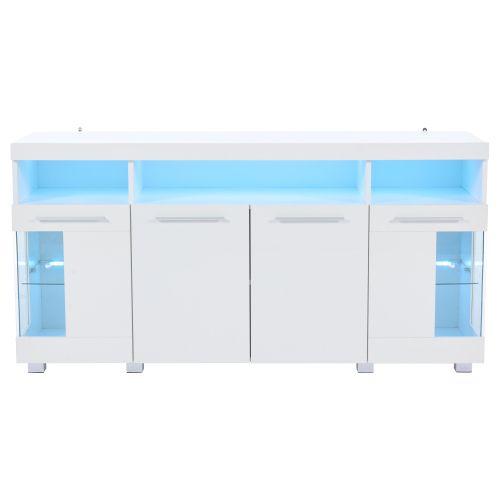 Buffet LED 140*40*70 Cm-meuble D'appoint En Verre Trempé-à 3 Compartiments-blanc