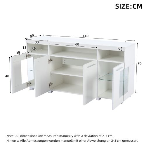 Buffet LED 140*40*70 Cm-meuble D'appoint En Verre Trempé-à 3 Compartiments-blanc