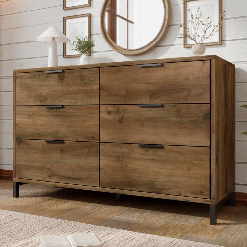 Commode 120x40x76 Cm-buffet à 6 Tiroirs-pour Chambre-chêne Foncé