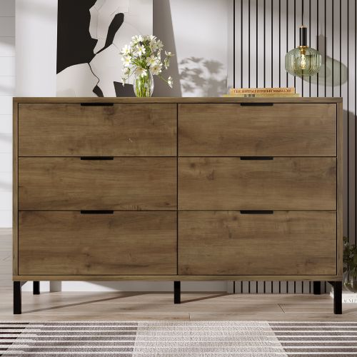 Commode 120x40x76 Cm-buffet à 6 Tiroirs-pour Chambre-chêne Foncé
