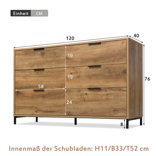 Commode 120x40x76 Cm-buffet à 6 Tiroirs-pour Chambre-chêne Foncé