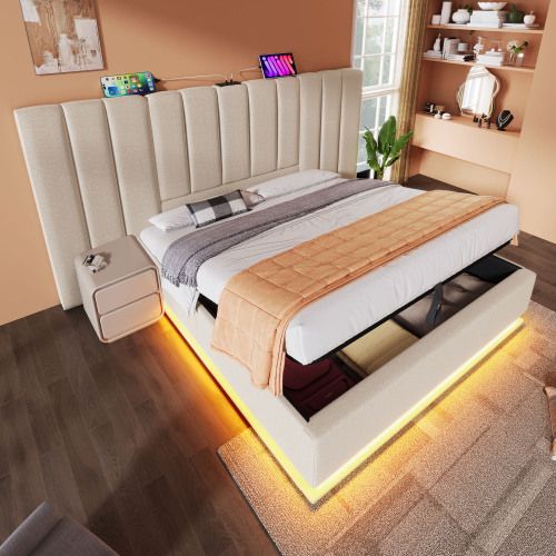 Lit Rembourré 160x200-lit Double Avec Rangement-éclairage LED-prises USB Et Type-c-en Lin-beige