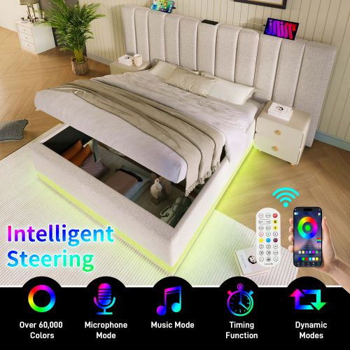 Lit Rembourré 160x200-lit Double Avec Rangement-éclairage LED-prises USB Et Type-c-en Lin-beige