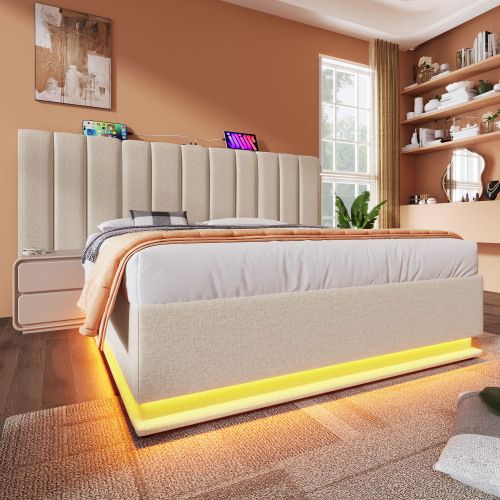 Lit Rembourré 160x200-lit Double Avec Rangement-éclairage LED-prises USB Et Type-c-en Lin-beige
