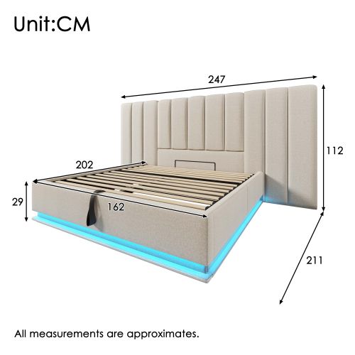 Lit Rembourré 160x200-lit Double Avec Rangement-éclairage LED-prises USB Et Type-c-en Lin-beige