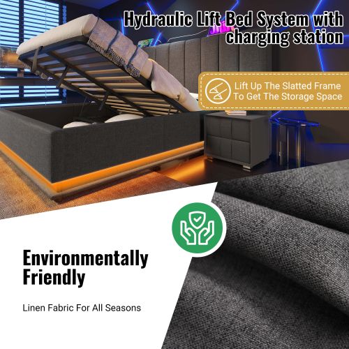 Lit Rembourré 160x200-lit Double Avec Rangement-éclairage LED-prises USB Et Type-c-en Lin-gris