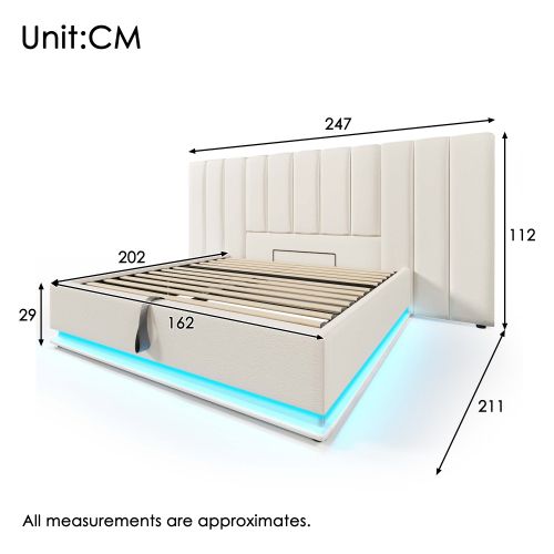 Lit Rembourré 160x200-lit Double Avec Rangement-éclairage LED-prises USB Et Type-c-en Pu-beige