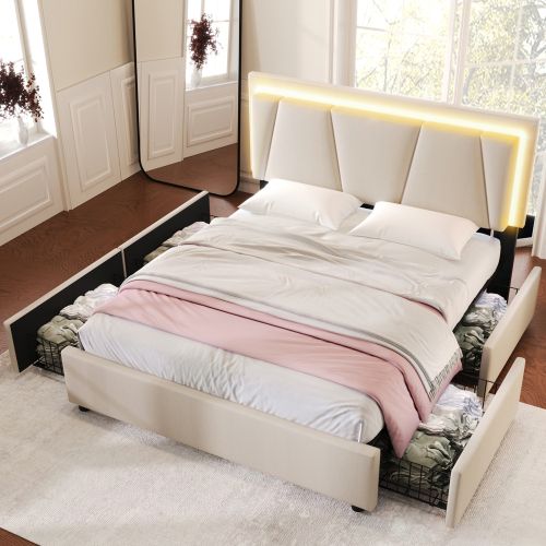 Lit Double Capitonné 160x200cm-avec Éclairage LED-tête De Lit Réglable En Hauteur-beige