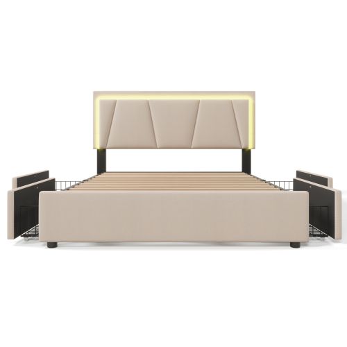 Lit Double Capitonné 160x200cm-avec Éclairage LED-tête De Lit Réglable En Hauteur-beige