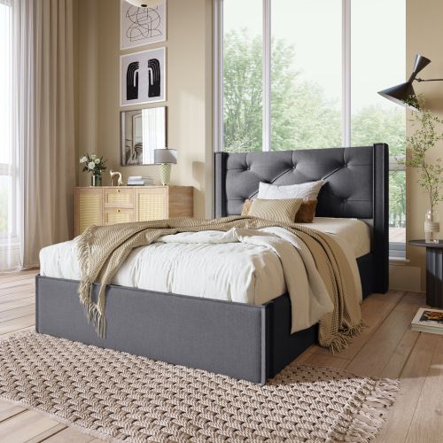 Lit Simple Hydraulique Rembourré 90x200cm-sommier à Lattes En Métal-coton-gris Foncé