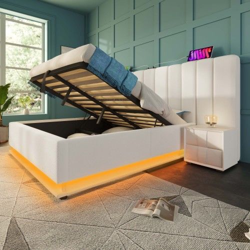 Lit Rembourré 160x200-lit Double Avec Rangement-éclairage LED-prises USB Et Type-c-en Pu-gris