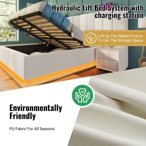 Lit Rembourré 160x200-lit Double Avec Rangement-éclairage LED-prises USB Et Type-c-en Pu-gris