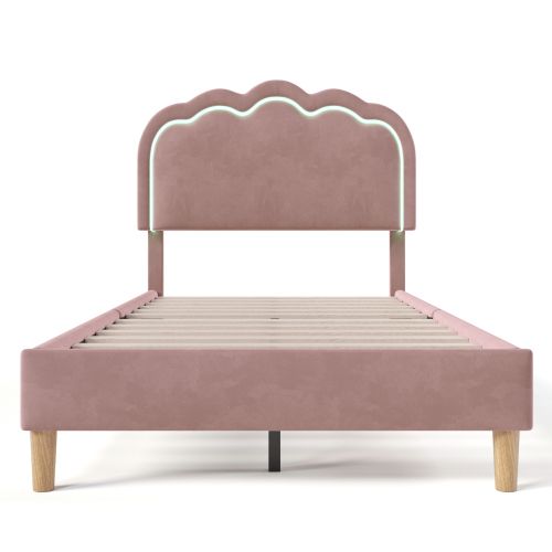 Lit Enfant Avec Éclairage LED-lit Simple 90x190 Cm-tête De Lit Réglable-en Velours-rose