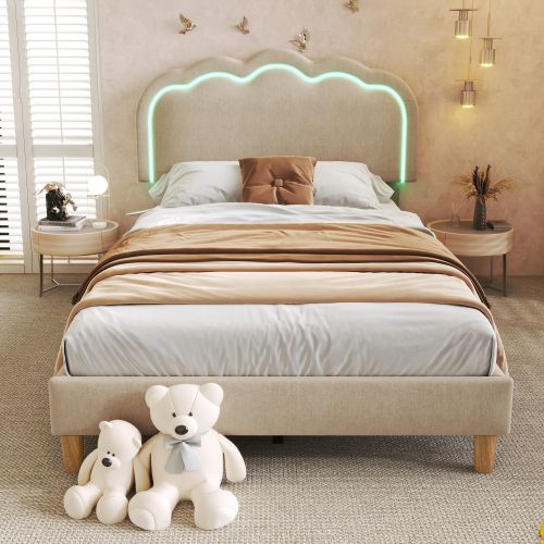 Lit Enfant Avec Éclairage LED-lit Simple 90x190 Cm-tête De Lit Réglable-en Lin-beige