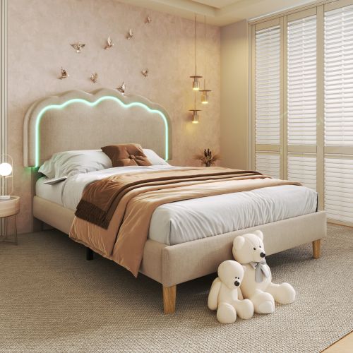 Lit Enfant Avec Éclairage LED-lit Simple 90x200 Cm-tête De Lit Réglable-en Lin-beige