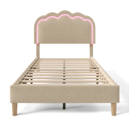 Lit Enfant Avec Éclairage LED-lit Simple 90x200 Cm-tête De Lit Réglable-en Lin-beige