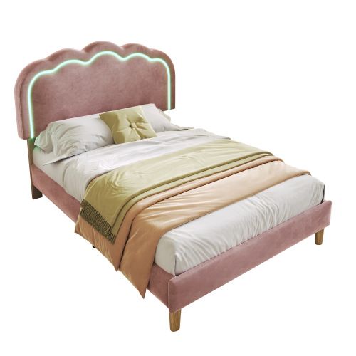 Lit Enfant Avec Éclairage LED-lit Simple 90x200 Cm-tête De Lit Réglable-en Velours-rose