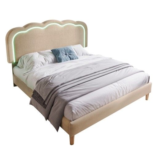 Lit Enfant Avec Éclairage LED-lit Simple 140x200 Cm-tête De Lit Réglable-en Lin-beige