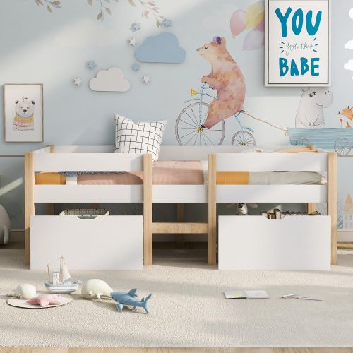 Lit Enfant  90x190 Cm-avec Tiroir Et Barrière Anti-chute-en Pin Massif-blanc Et Chêne