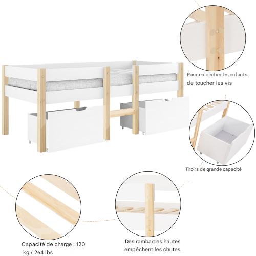Lit Enfant  90x190 Cm-avec Tiroir Et Barrière Anti-chute-en Pin Massif-blanc Et Chêne