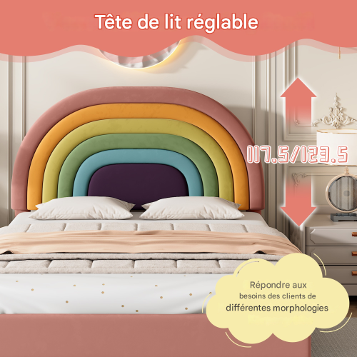 Lit Rembourré 140 X 200 Cm-lit Enfant- Support à Lattes En Bois-tête De Lit Réglable-en Velours-rose