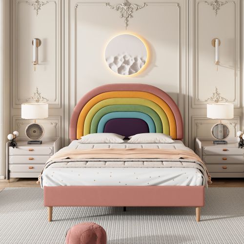 Lit Rembourré 140 X 200 Cm-lit Enfant- Support à Lattes En Bois-tête De Lit Réglable-en Velours-rose