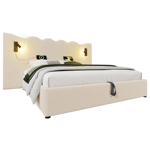 Lit Double 180x200 Cm Avec Lampe De Lecture-usb Type-c-en Bois Massif-en Velours Côtelé-beige