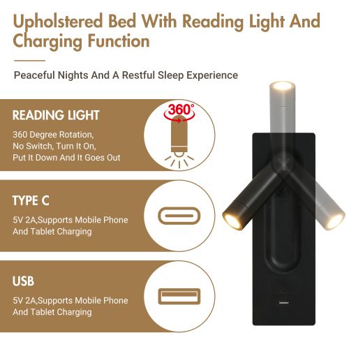 Lit Double 160x200 Cm Avec Lampe De Lecture-usb Type-c-en Bois Massif-en Lin-gris