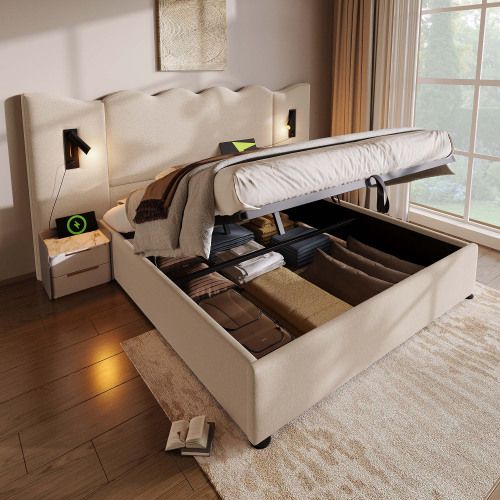 Lit Double 180x200 Cm Avec Lampe De Lecture-usb Type-c-en Bois Massif-en Lin-beige