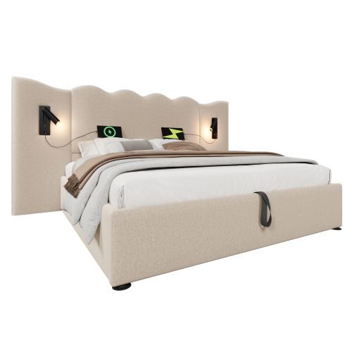 Lit Double 180x200 Cm Avec Lampe De Lecture-usb Type-c-en Bois Massif-en Lin-beige