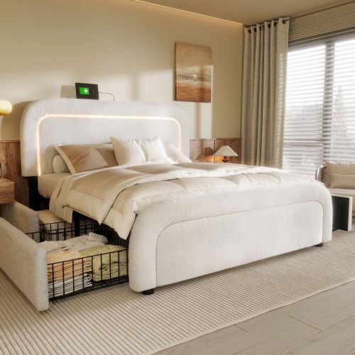 Lit Double 160x200 Cm-usb Type C-éclairage LED-avec 4 Tiroirs-lit Réglable En Hauteur-blanc