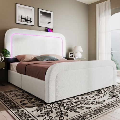 Lit Double 160x200 Cm-usb Type C-éclairage LED-avec 4 Tiroirs-lit Réglable En Hauteur-blanc