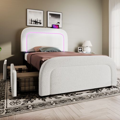 Lit simple 90x200 Cm-usb Type C-éclairage LED-avec 2 Tiroirs-lit Réglable En Hauteur-blanc