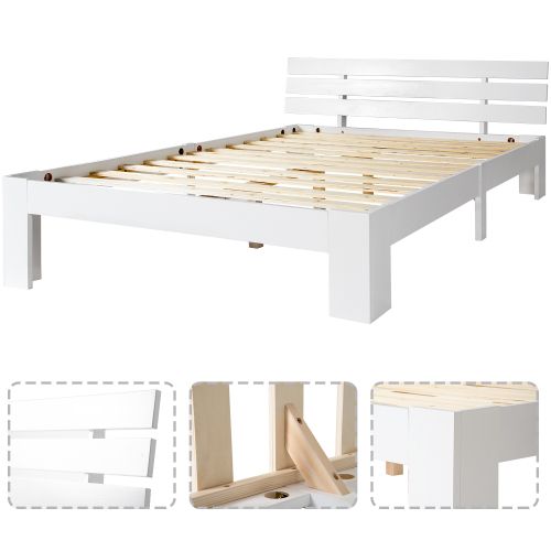 Lit Double 140x200cm-lit Adulte Avec Sommier à Lattes-en Bois Massif-blanc