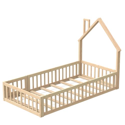 Lit Enfant 90x200 Cm-lit Cabane En Bois Massif-en Pin-avec Sommier à Lattes-naturel