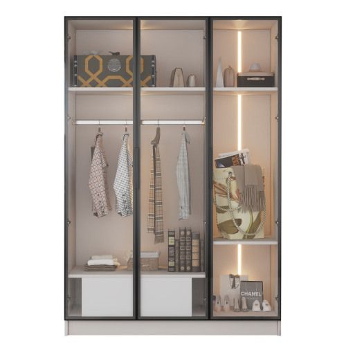 Armoire 110x50x160 Cm-avec 3 Portes Vitrées, 1 Tiroir-vitrine Avec Éclairage LED-blanc