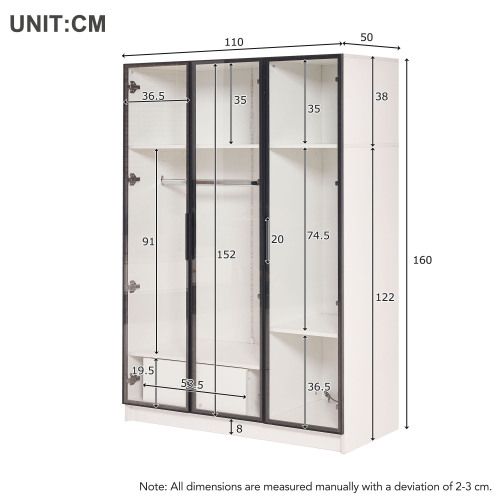 Armoire 110x50x160 Cm-avec 3 Portes Vitrées, 1 Tiroir-vitrine Avec Éclairage LED-blanc
