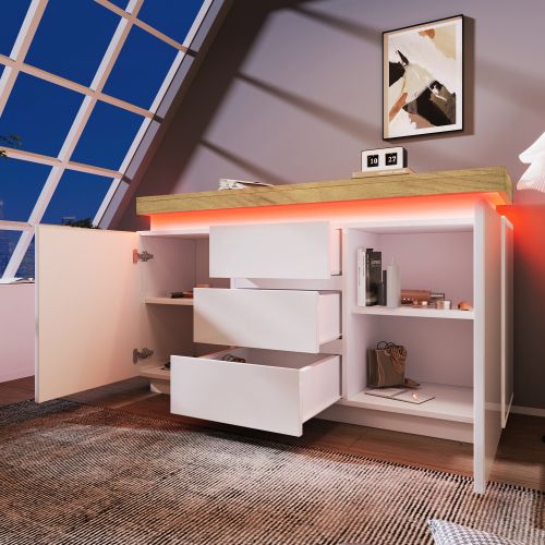 Commode à 2 Portes Et 3 Tiroirs-buffet Laqué Brillan-éclairage LED-blanc