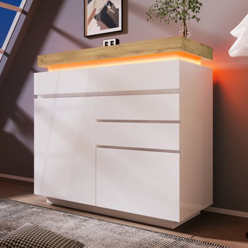 Commode à 2 Portes Et 3 Tiroirs-buffet Laqué Brillant 115x110x39 Cm-éclairage LED-blanc