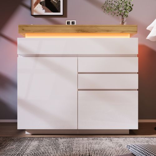 Commode à 2 Portes Et 3 Tiroirs-buffet Laqué Brillant 115x110x39 Cm-éclairage LED-blanc