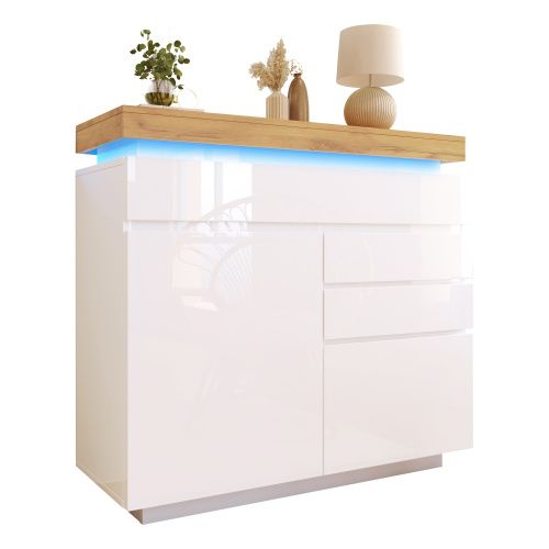Commode à 2 Portes Et 3 Tiroirs-buffet Laqué Brillant 115x110x39 Cm-éclairage LED-blanc
