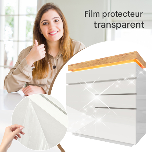 Commode à 2 Portes Et 3 Tiroirs-buffet Laqué Brillant 115x110x39 Cm-éclairage LED-blanc