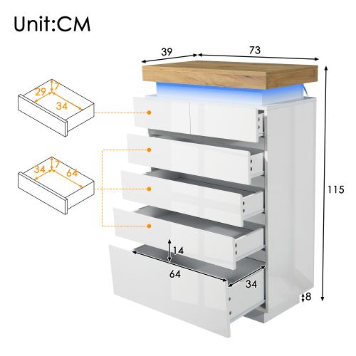 Commode à 6 Tiroirs-buffet Laqué Brillant-éclairage LED -115 X 73 X 39 Cm-blanc